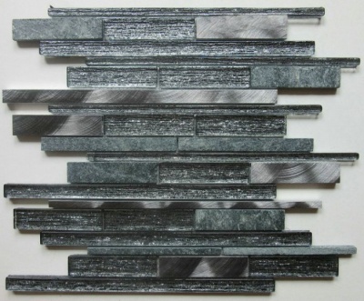 Kenton Grey Glass/Stone/Metal Mix Offset Linear Mosaic