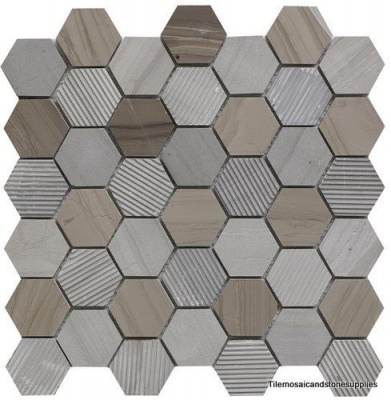 Coffee Stone Hexagon Mixed Finish Marble Mosaic 48x48mm