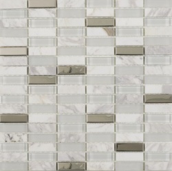 Hutton White Glass/Stone/Metal Mix Linear Mosaic 15x48mm